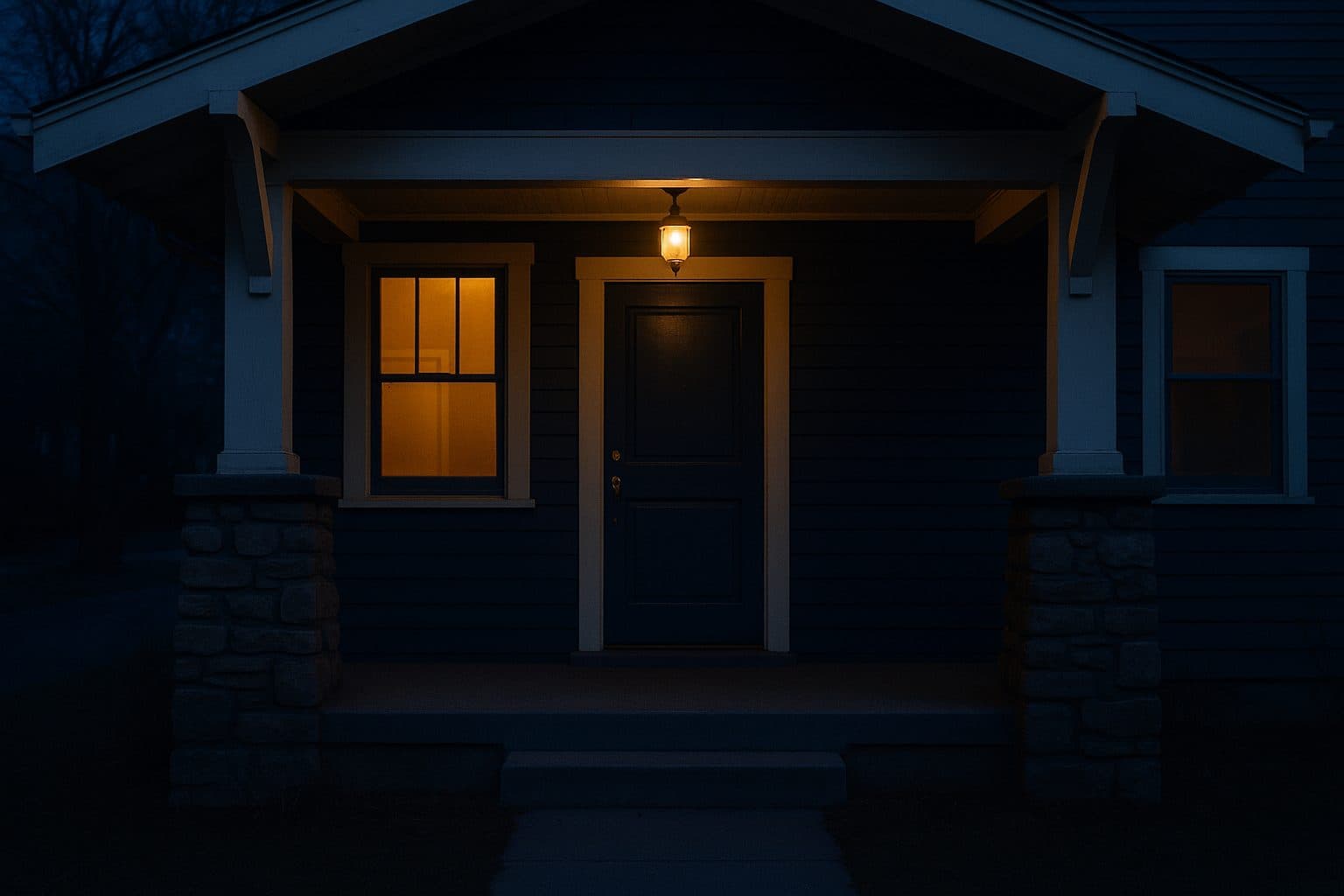 Front door of a Colorado home at dusk