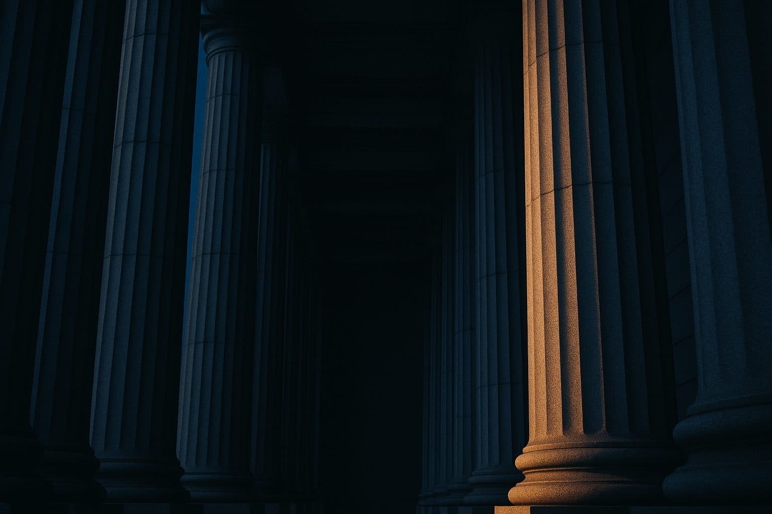 Granite courthouse columns at dusk